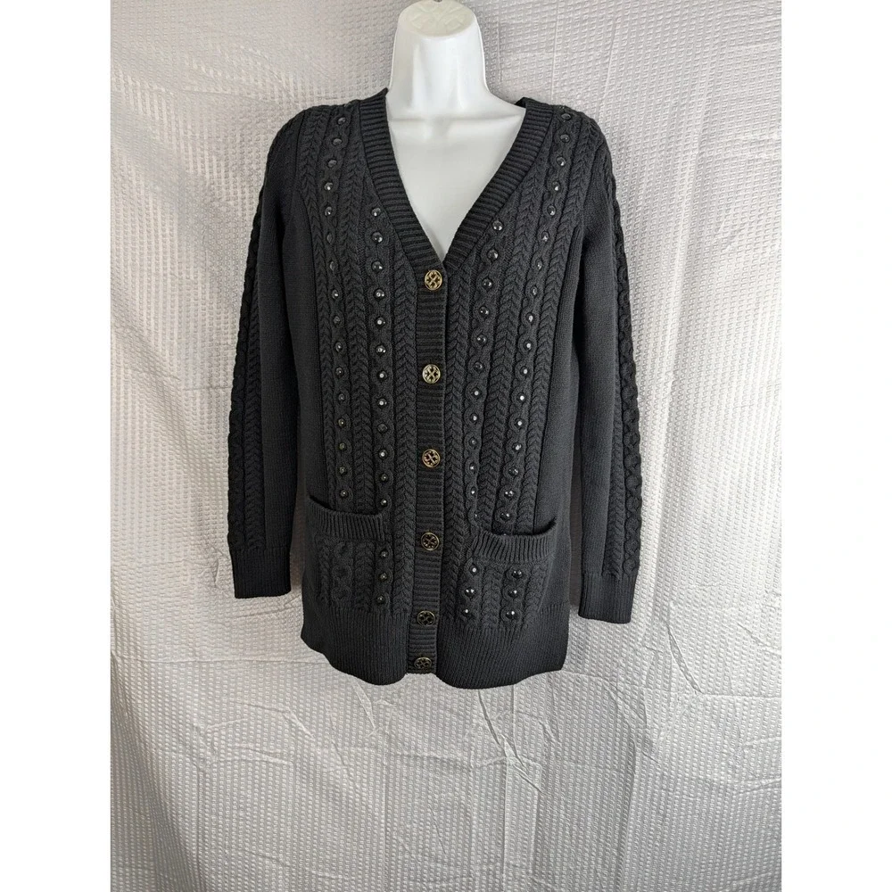 C Wonder Black Cable Knit Studded Cardigan Sweater XXS Gold Buttons Pockets - Picture 1 of 13
